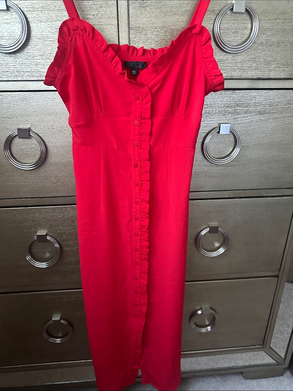 🛍️SALE🛍️ Topshop Red Ruffle-Trim Button Front Dress - Picture 4 of 9